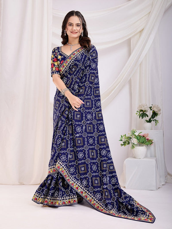 Beauteous Navy Blue Color Vichitra Fabric Designer Saree