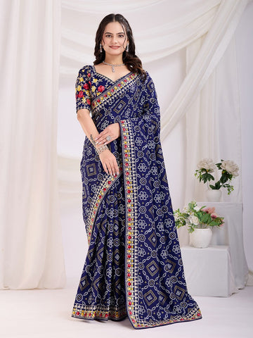 Beauteous Navy Blue Color Vichitra Fabric Designer Saree