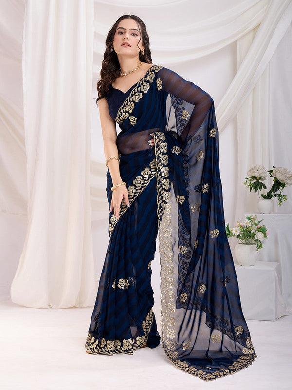 Ideal Navy Blue Color Georgette Fabric Designer Saree