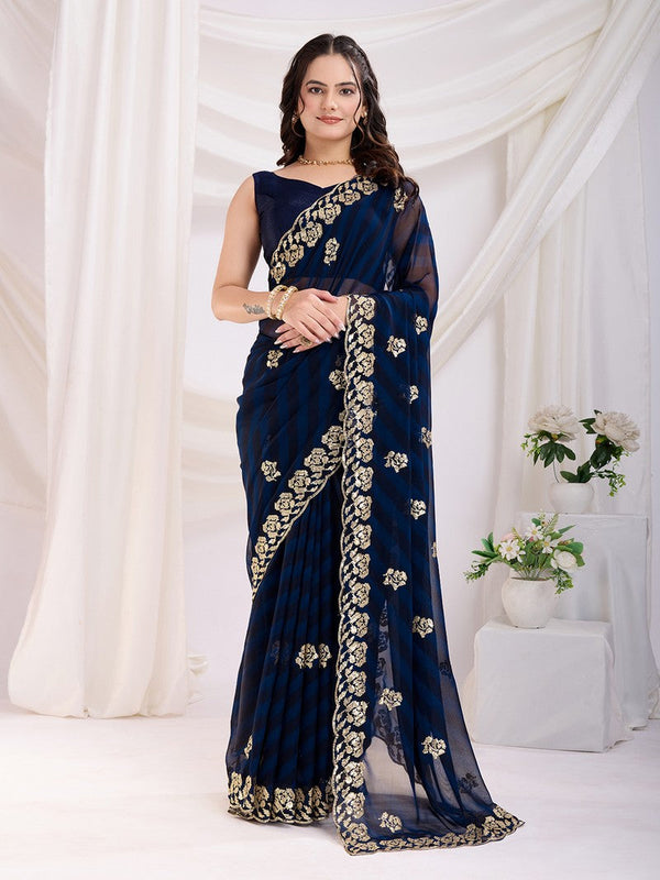 Ideal Navy Blue Color Georgette Fabric Designer Saree