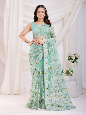 Ideal Aqua Color Net Fabric Casual Saree