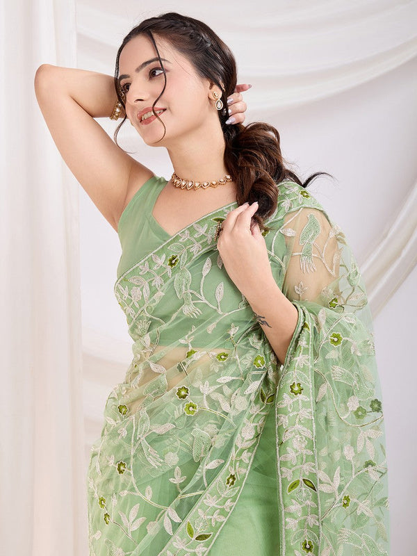 Ideal Green Color Net Fabric Casual Saree