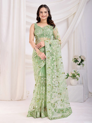 Ideal Green Color Net Fabric Casual Saree