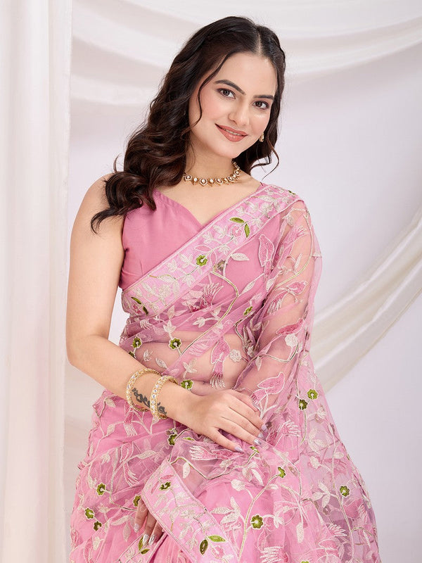 Ideal Pink Color Net Fabric Casual Saree