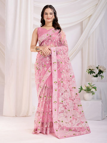 Ideal Pink Color Net Fabric Casual Saree