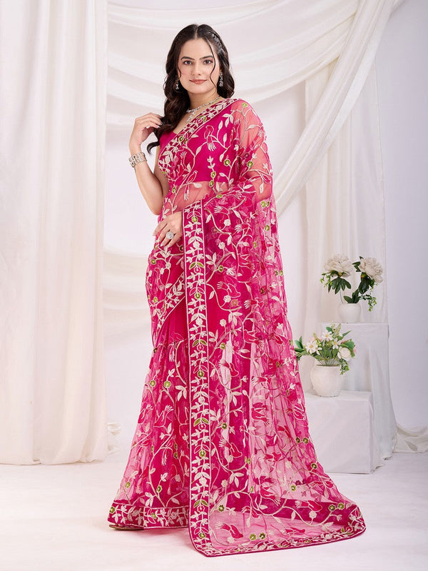 Ideal Pink Color Net Fabric Casual Saree