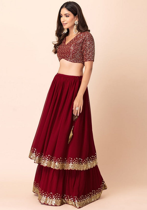 Lovely Maroon Color Georgette Fabric Party Wear Lehenga