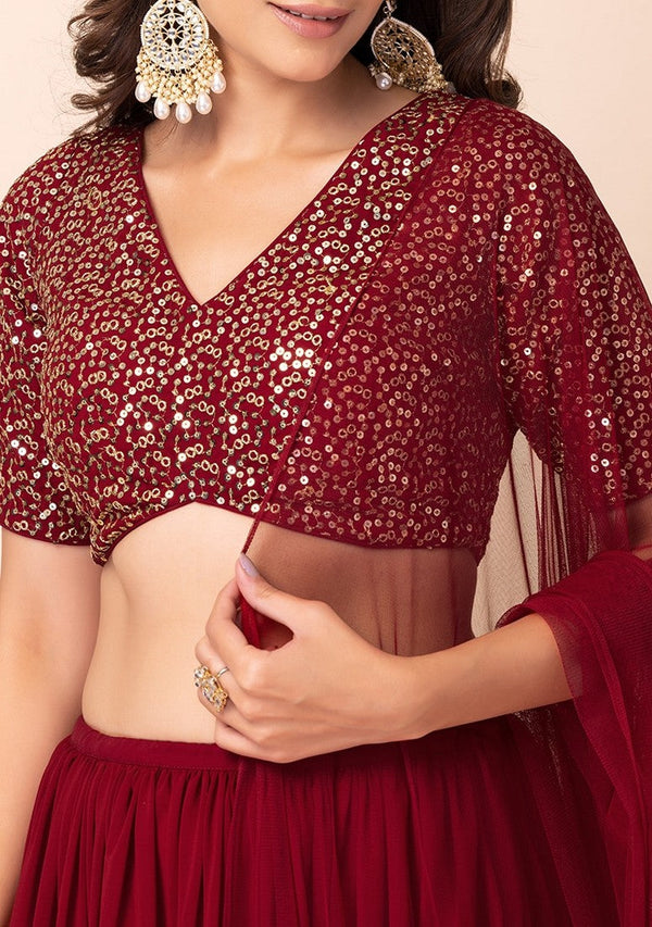 Lovely Maroon Color Georgette Fabric Party Wear Lehenga