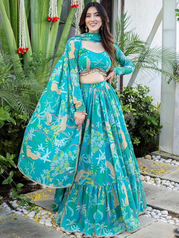 Lovely Turquoise Color Georgette Fabric Party Wear Lehenga