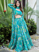 Lovely Turquoise Color Georgette Fabric Party Wear Lehenga