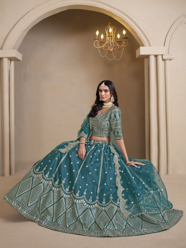 Magnetic Teal Color Art Silk Fabric Party Wear Lehenga