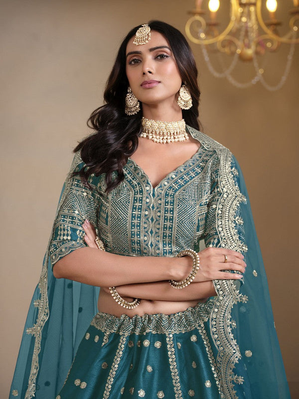 Magnetic Teal Color Art Silk Fabric Party Wear Lehenga