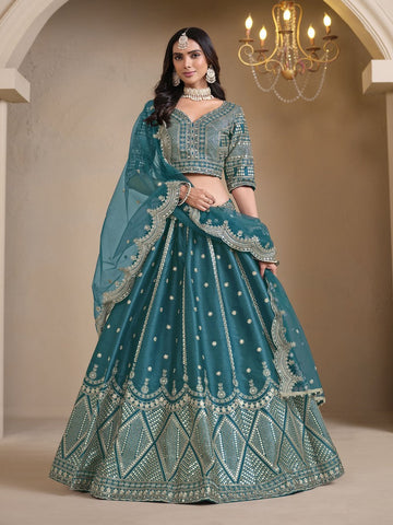 Magnetic Teal Color Art Silk Fabric Party Wear Lehenga