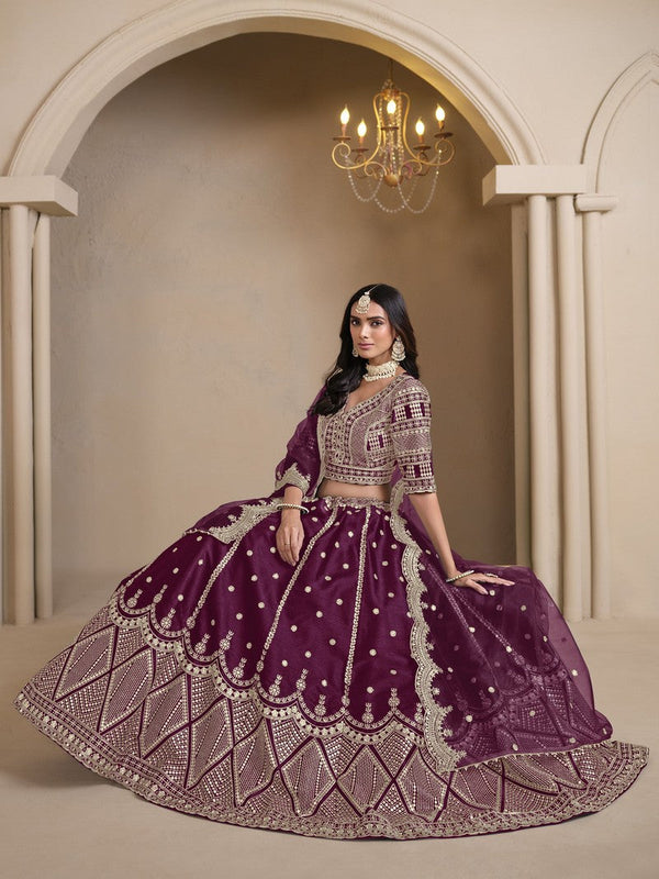 Magnetic Voilet Color Art Silk Fabric Party Wear Lehenga