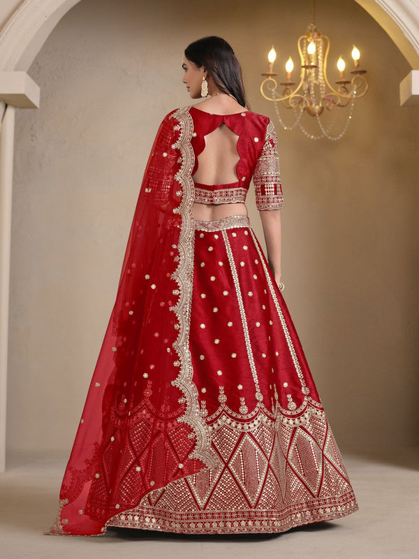 Magnetic Red Color Art Silk Fabric Party Wear Lehenga