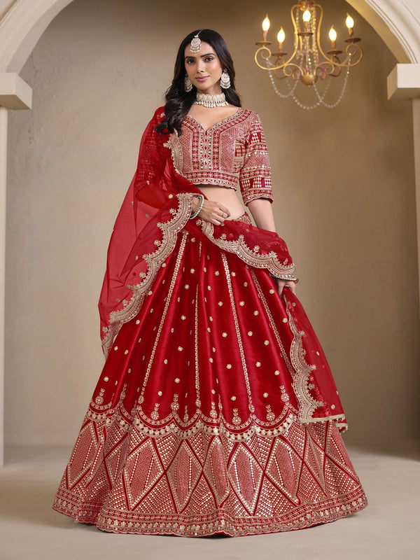 Magnetic Red Color Art Silk Fabric Party Wear Lehenga