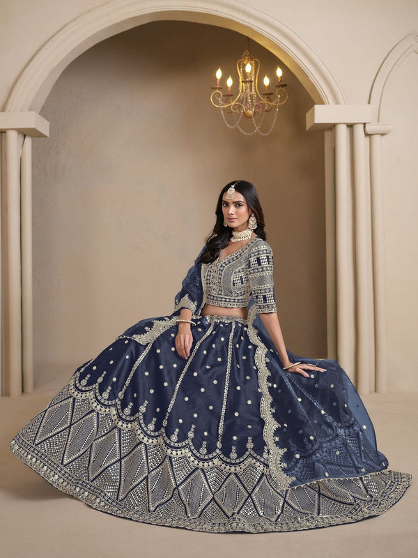 Magnetic Navy Blue Color Art Silk Fabric Party Wear Lehenga