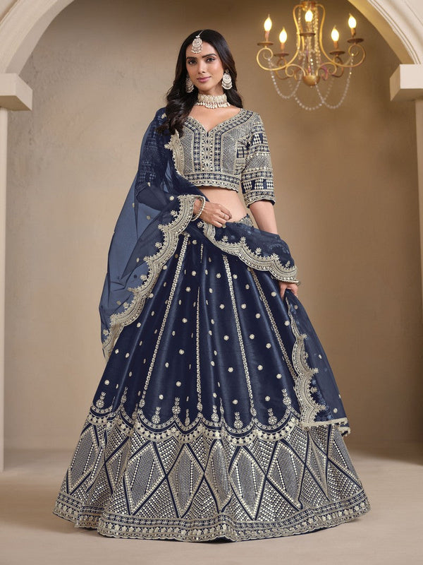 Magnetic Navy Blue Color Art Silk Fabric Party Wear Lehenga