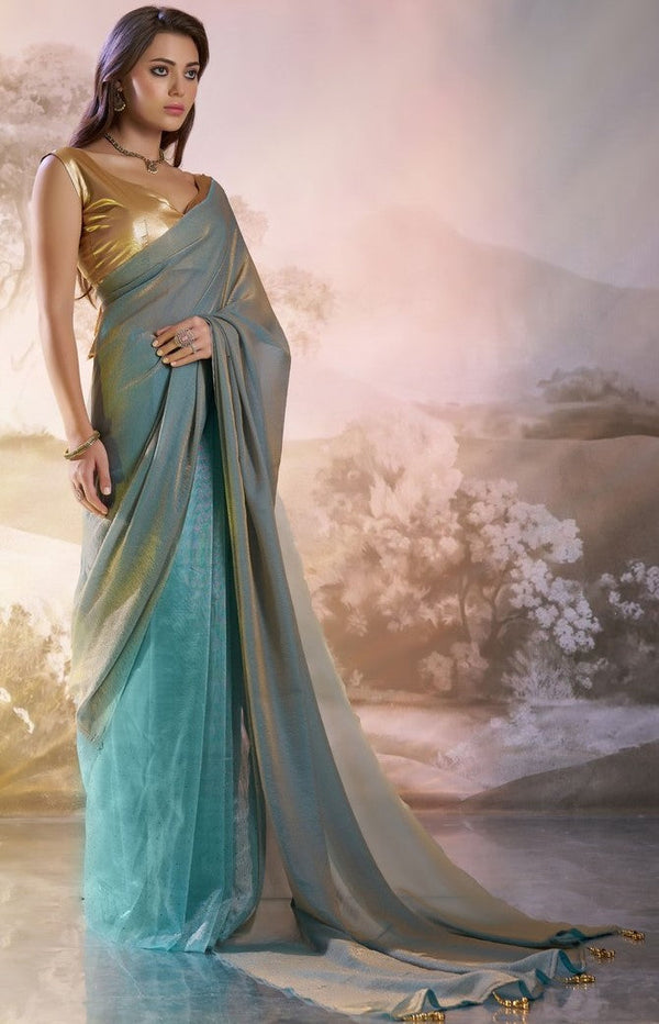 Grand Turquoise Color Organza Fabric Designer Saree