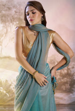 Grand Turquoise Color Organza Fabric Designer Saree