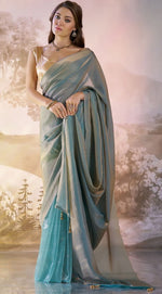 Grand Turquoise Color Organza Fabric Designer Saree