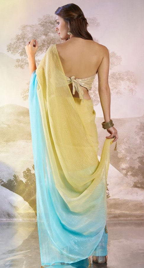 Grand Aqua Color Chiffon Fabric Designer Saree