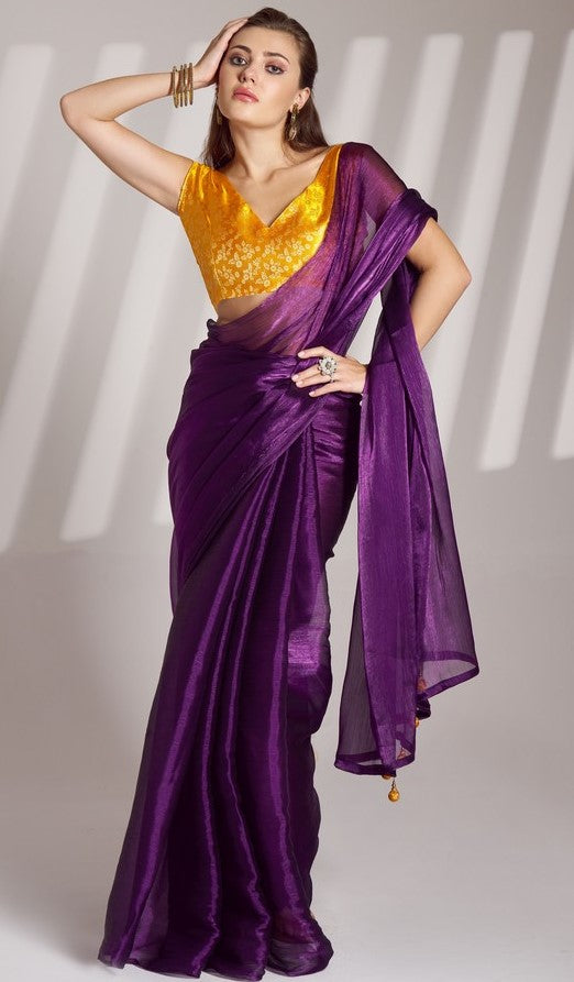 Grand Voilet Color Organza Fabric Designer Saree