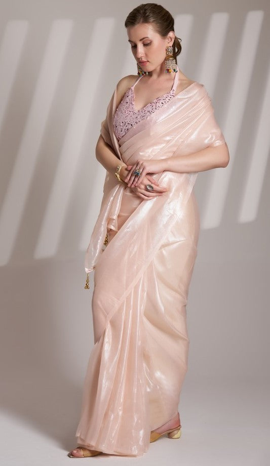 Grand Peach Color Net Fabric Designer Saree