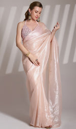 Grand Peach Color Net Fabric Designer Saree