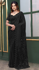 Grand Black Color illusion Fabric Partywear Saree with Readymade Blouse