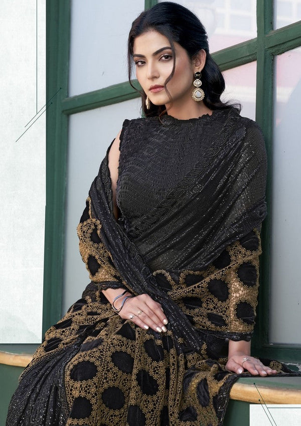 Grand Black Color Velvet Fabric Partywear Saree with Readymade Blouse