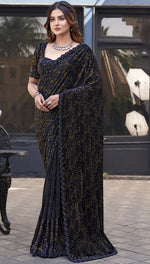 Grand Black Color Velvet Fabric Partywear Saree with Readymade Blouse