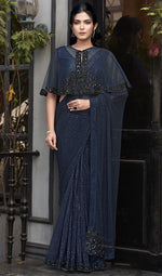 Grand Navy Blue Color Tulle Fabric Partywear Saree with Readymade Blouse