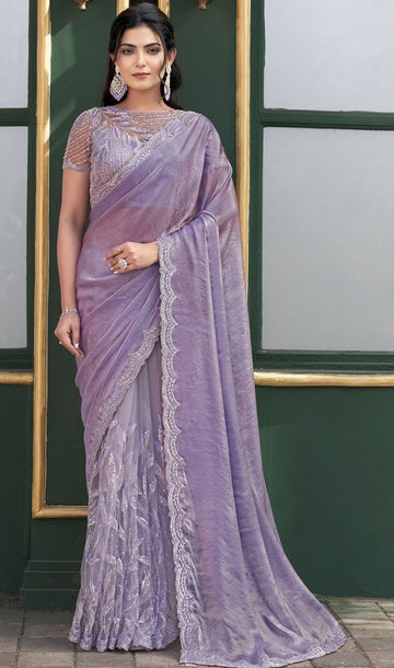 Grand Purple Color illusion Fabric Partywear Saree with Readymade Blouse