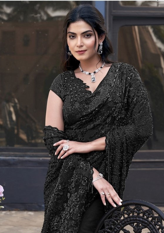 Grand Black Color Tulle Fabric Partywear Saree with Readymade Blouse