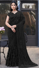 Grand Black Color Tulle Fabric Partywear Saree with Readymade Blouse