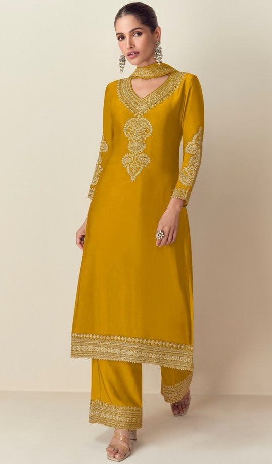 Tasteful Yellow Color Chinon Fabric Plazzo Suit