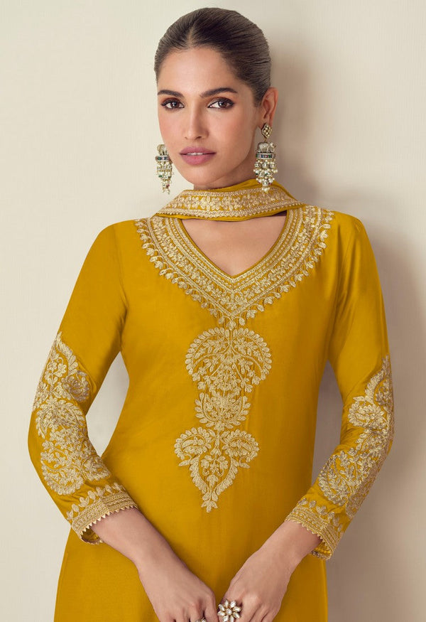 Tasteful Yellow Color Chinon Fabric Plazzo Suit