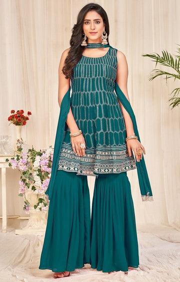 Tasteful Teal Color Georgette Fabric Sharara Suit