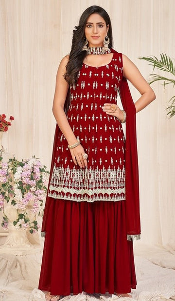 Tasteful Maroon Color Georgette Fabric Sharara Suit