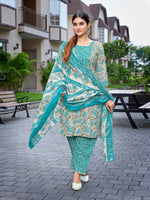 Dazzling Turquoise Color Cotton  Fabric Casual Suit