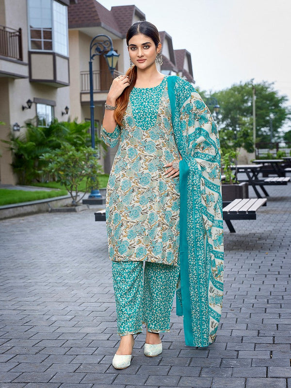 Dazzling Turquoise Color Cotton  Fabric Casual Suit