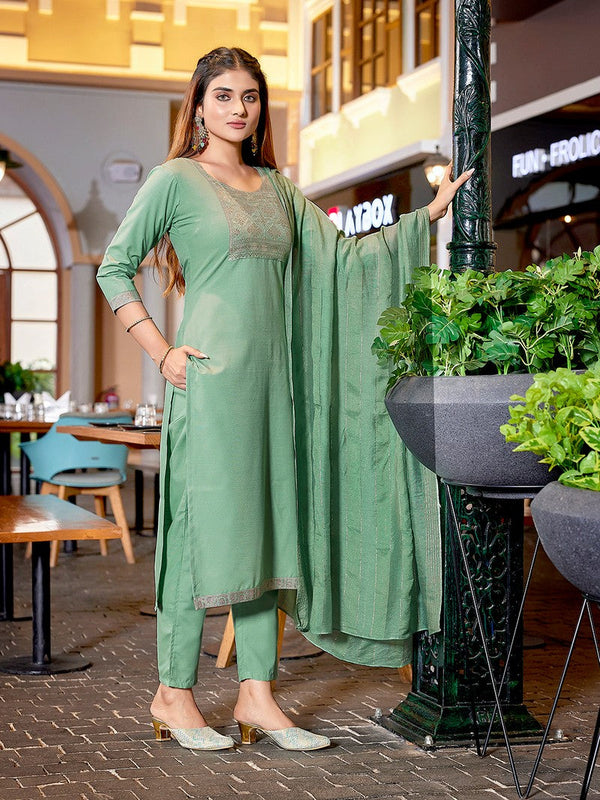 Dazzling Green Color Cotton  Fabric Casual Suit