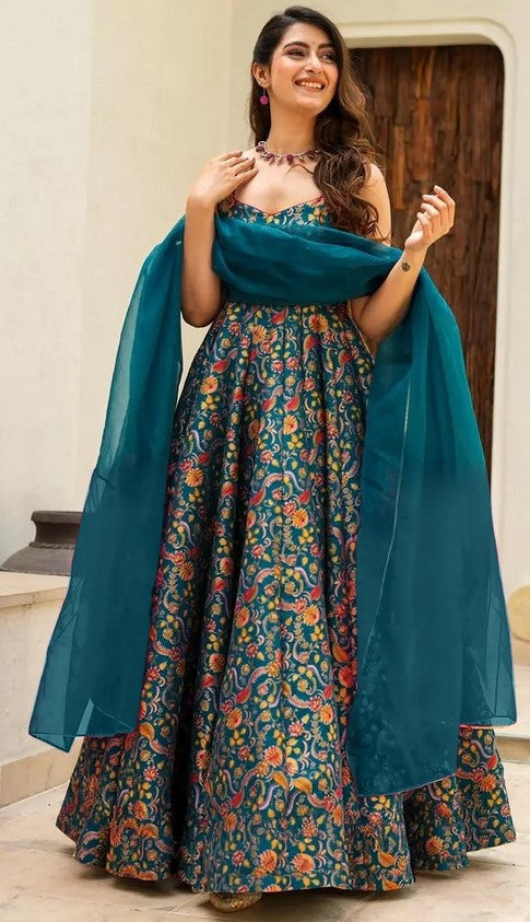Striking Teal Color Silk Fabric Gown with Dupatta