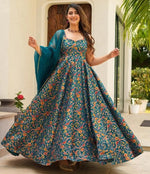 Striking Teal Color Silk Fabric Gown with Dupatta