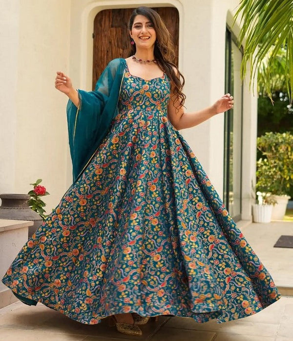 Striking Teal Color Silk Fabric Gown with Dupatta