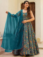 Striking Teal Color Silk Fabric Gown with Dupatta