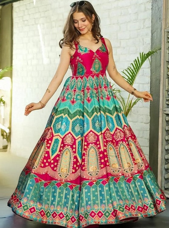 Striking Pink Color Silk Fabric Gown with Dupatta