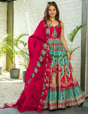 Striking Pink Color Silk Fabric Gown with Dupatta