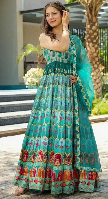 Striking Turquoise Color Silk Fabric Gown with Dupatta